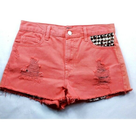 Forever 21 Orange Studded Raw Hem Jean Shorts Size 26 - Picture 1 of 6